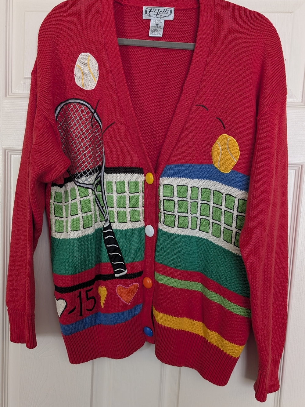 Vintage Red Tennis-Themed Knit Cardigan Sweater Sz M